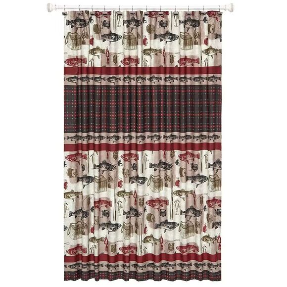 Mossy Oak Ghillie Shower Curtain Fish Motif Red Green Plaid Lake House Vibe NEW - Picture 1 of 3